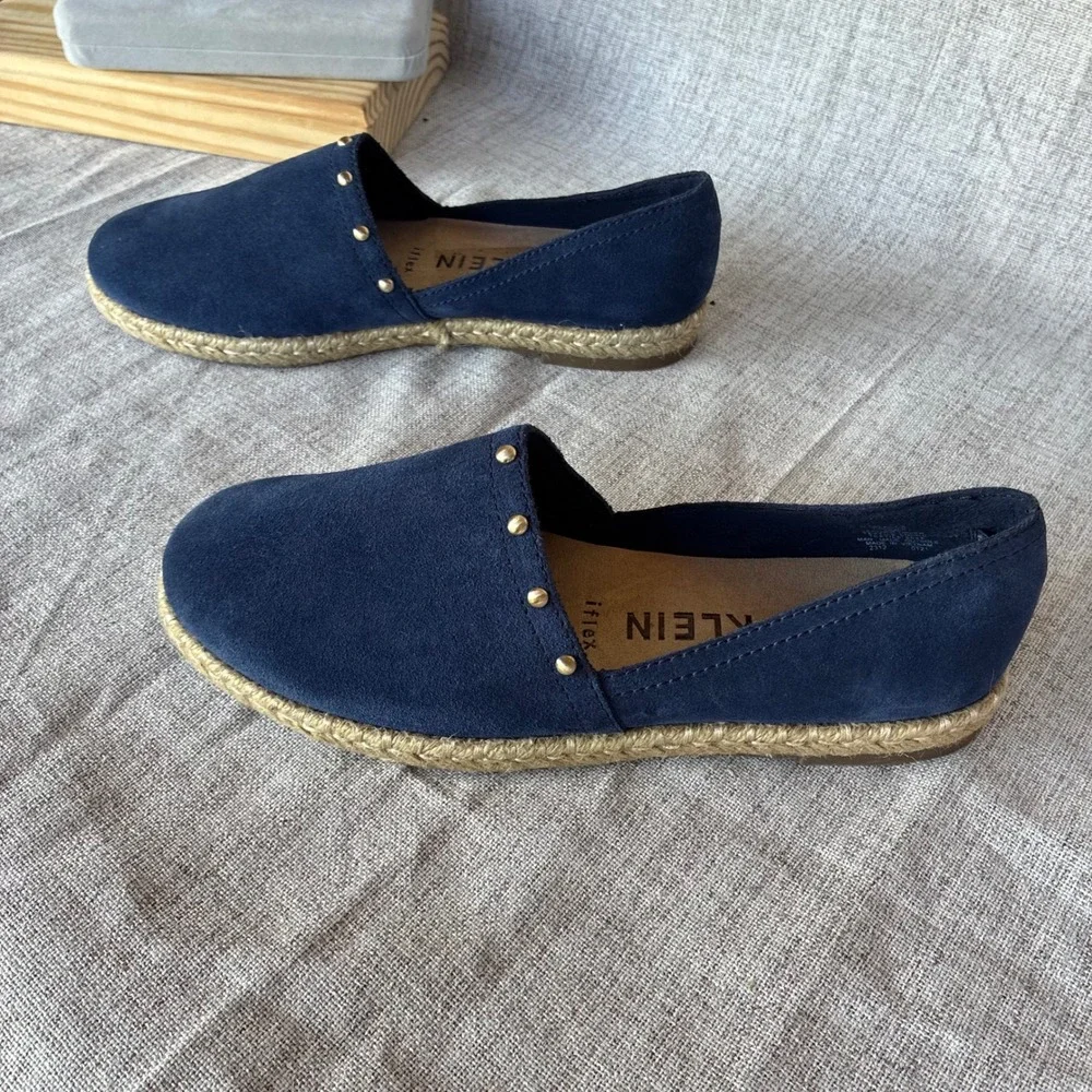 Anne Klein Espadrille Flats Navy Blue Suede Studded 7.5M Kaily iflex Slip On